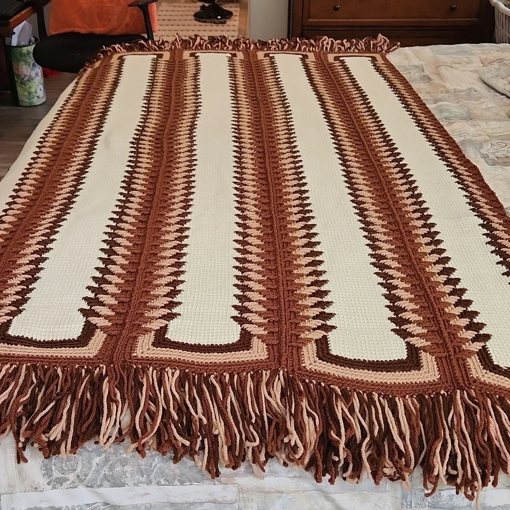 Vintage Afghan with Fringe Hand Made Earthy Colors Boho